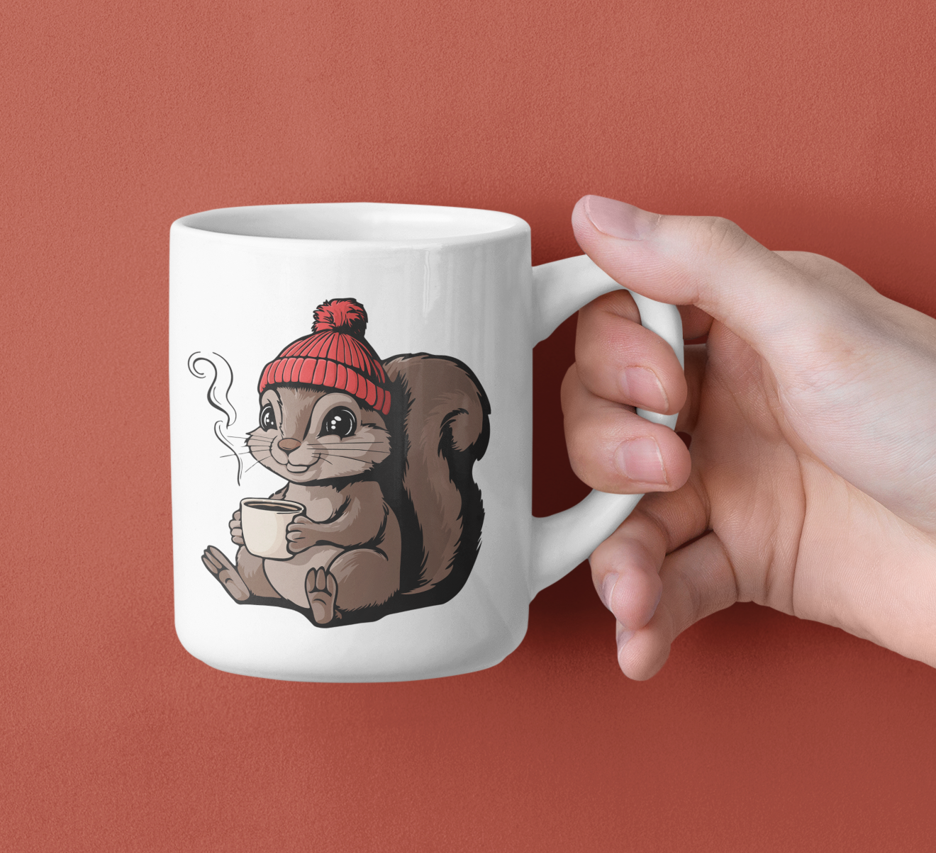 Cozy Squirrel Ceramic Coffee Mug 11oz with Squirrels in Beanie with Cup Of Coffee Graphic Print Autumn Winter Kitchen Gifts