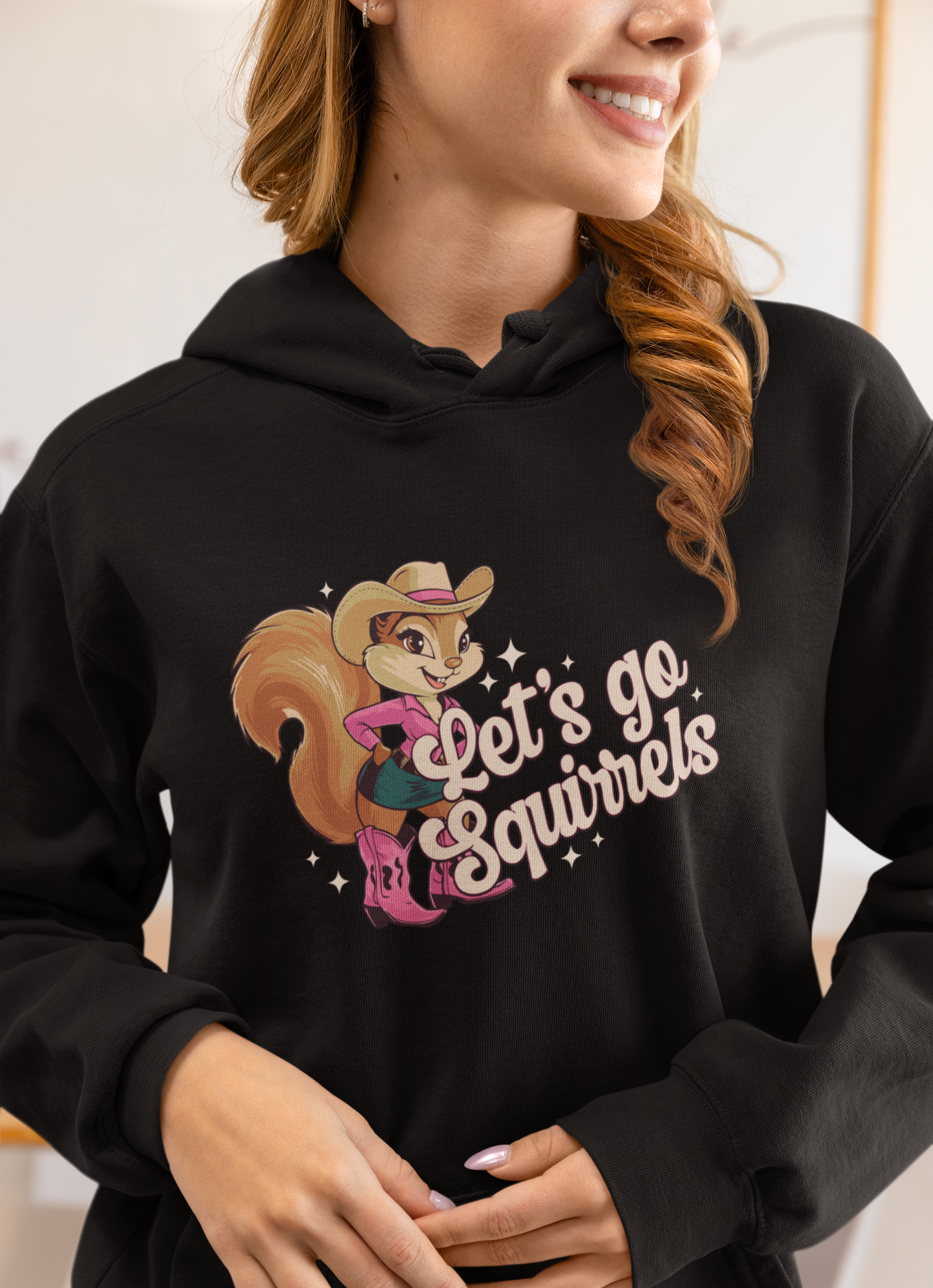 Let's Go Squirrels Pullover Hoodie Hooded Sweatshirt with Fun Squirrel Print, Parody Let's Go Girls Design