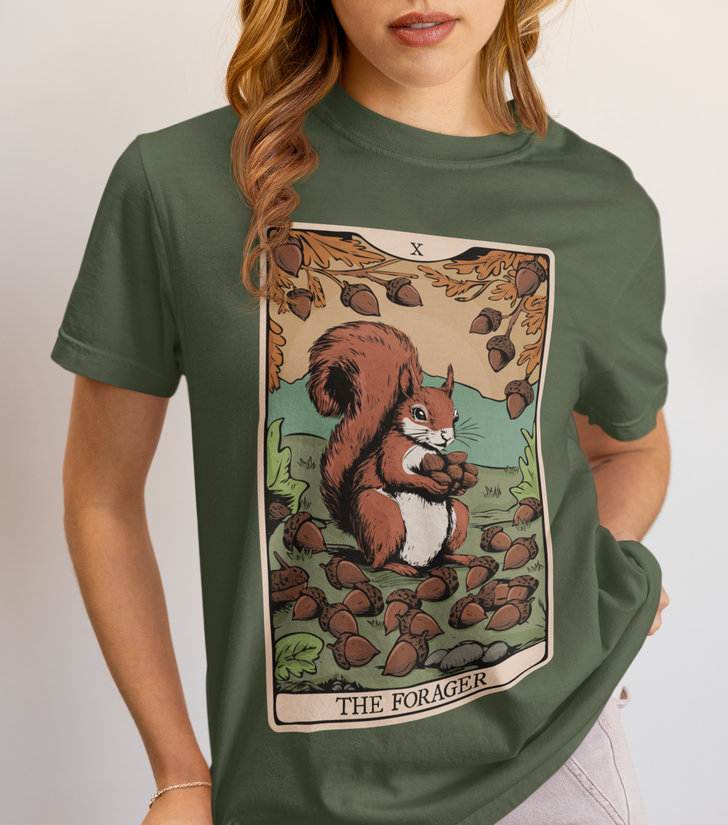 The Forager Squirrel Tarot Card T-shirt Softstyle Tee with Nut Foraging Squirrel Tarot Card Print