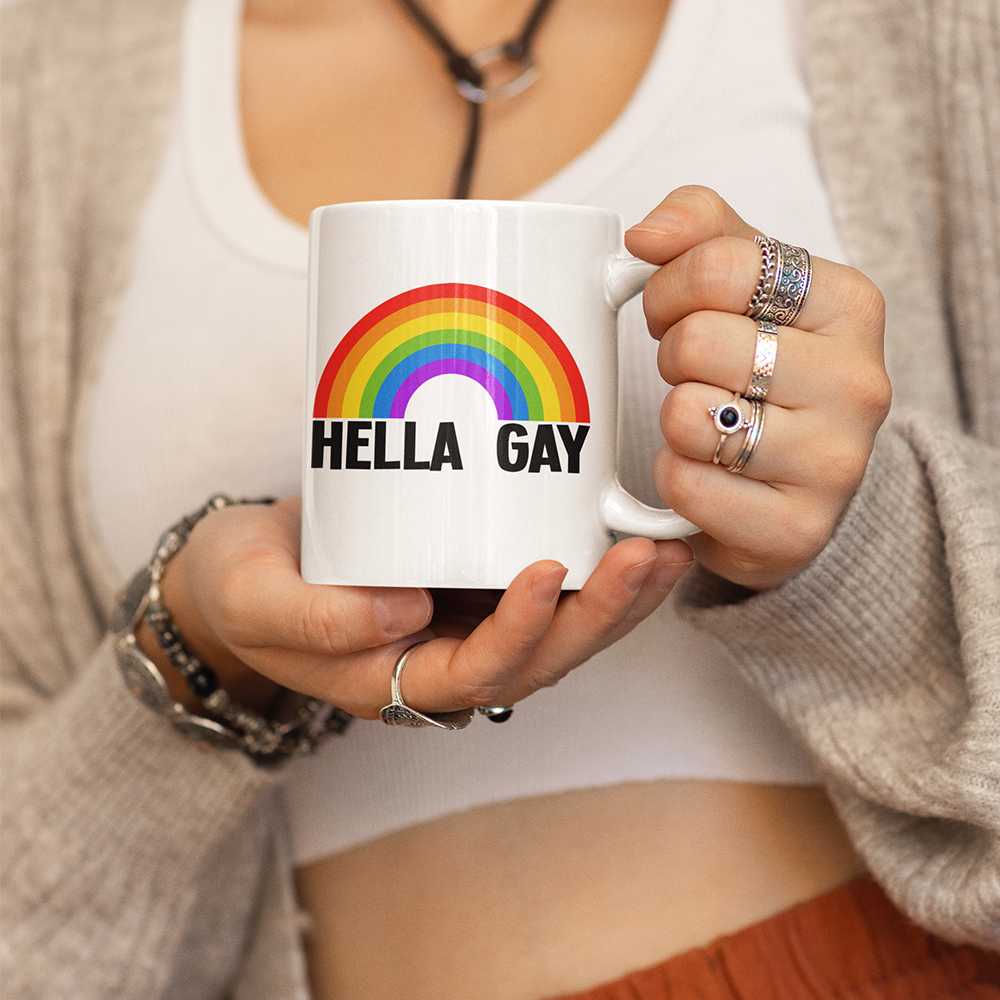 Hella Gay Rainbow Pride White Ceramic Coffee Tea Mug, (11oz, 15oz) Gift for LGBTQIA+