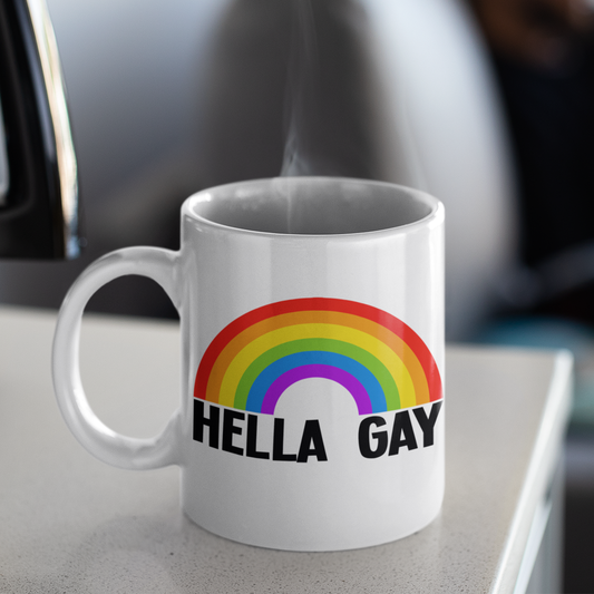 Hella Gay Rainbow Pride White Ceramic Coffee Tea Mug, (11oz, 15oz) Gift for LGBTQIA+