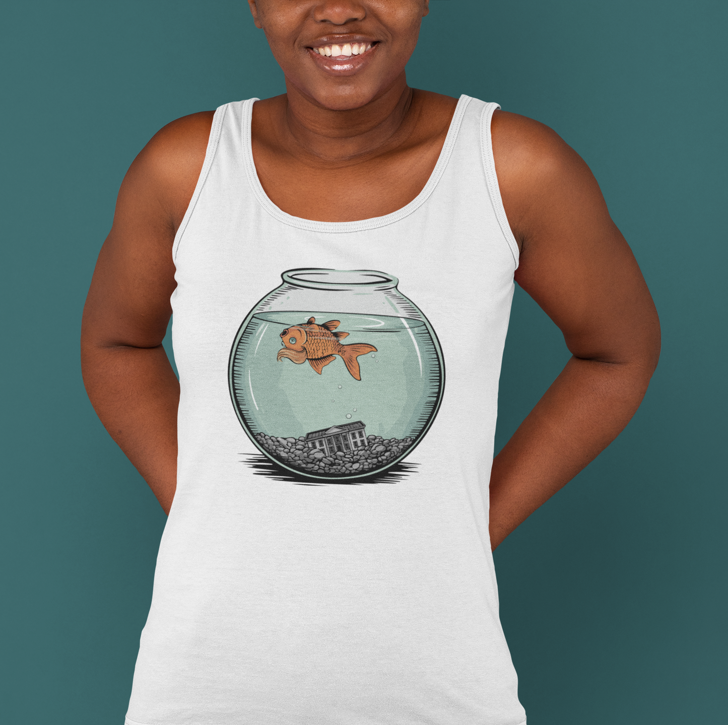 Dead Goldfish In A Fishbowl Tank Top, Funny Politics Women's Tops, Leftist Liberal Political Humor Shirts, Orange Fish Floating