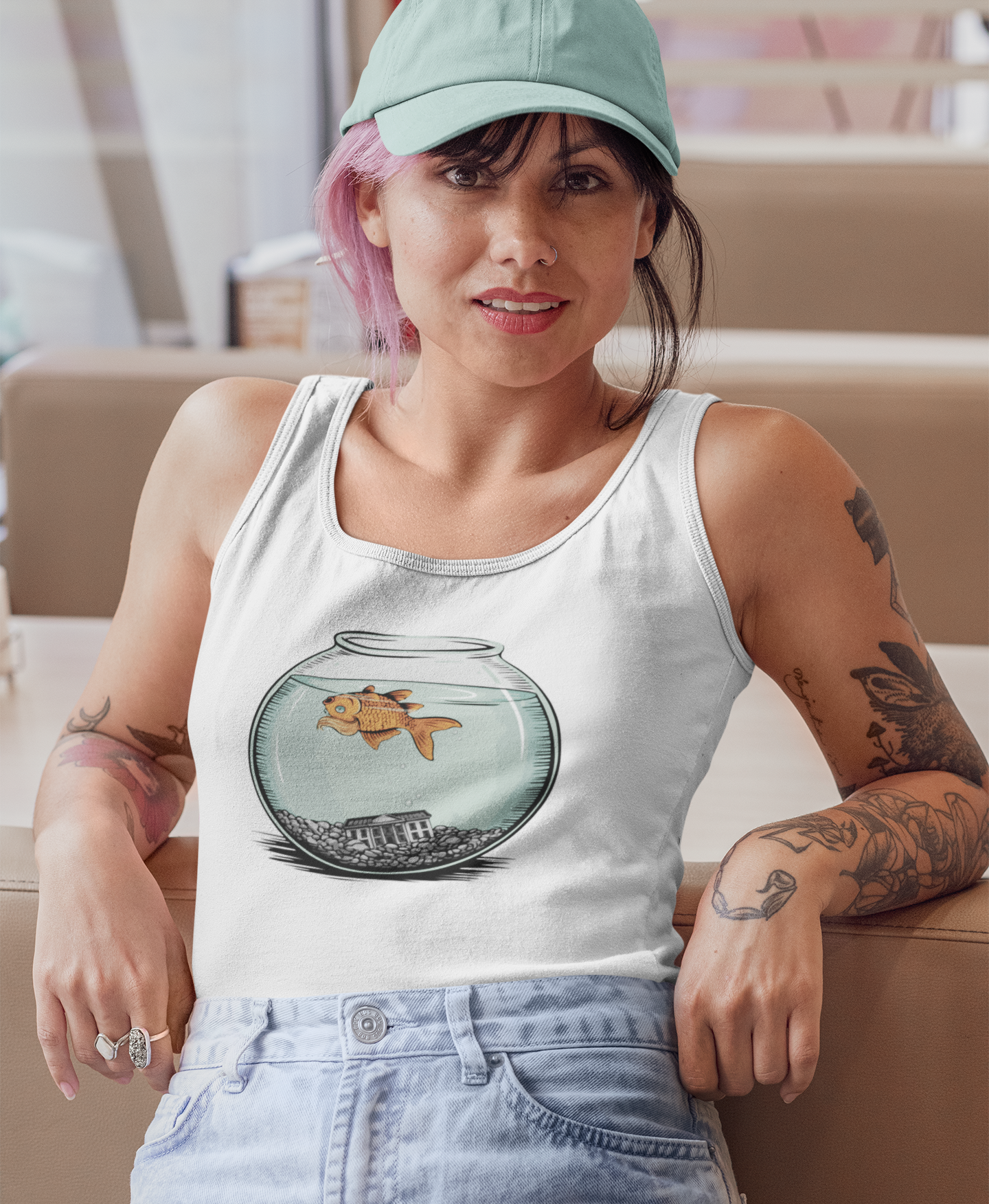 Dead Goldfish In A Fishbowl Tank Top, Funny Politics Women's Tops, Leftist Liberal Political Humor Shirts, Orange Fish Floating