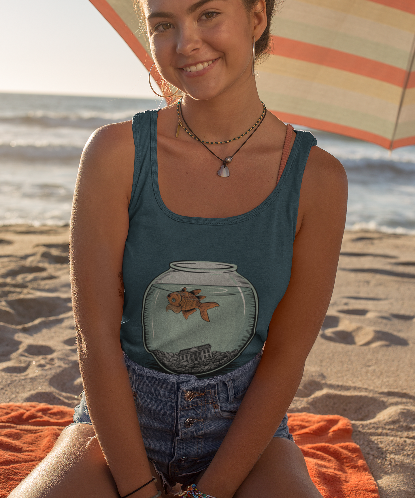 Dead Goldfish In A Fishbowl Tank Top, Funny Politics Women's Tops, Leftist Liberal Political Humor Shirts, Orange Fish Floating