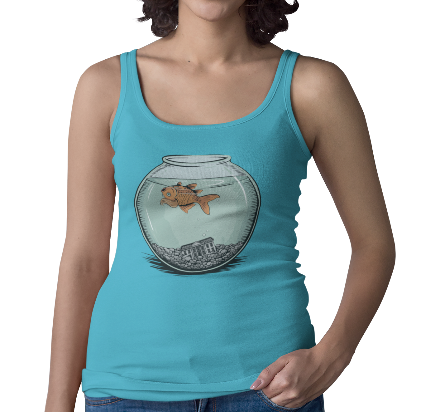 Dead Goldfish In A Fishbowl Tank Top, Funny Politics Women's Tops, Leftist Liberal Political Humor Shirts, Orange Fish Floating