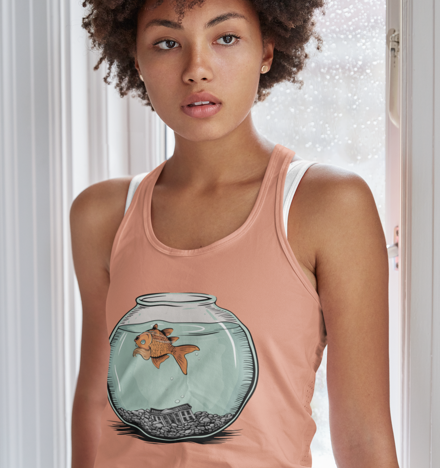 Dead Goldfish In A Fishbowl Tank Top, Funny Politics Women's Tops, Leftist Liberal Political Humor Shirts, Orange Fish Floating