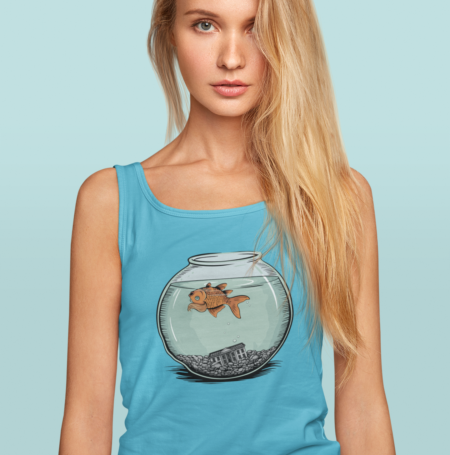 Dead Goldfish In A Fishbowl Tank Top, Funny Politics Women's Tops, Leftist Liberal Political Humor Shirts, Orange Fish Floating