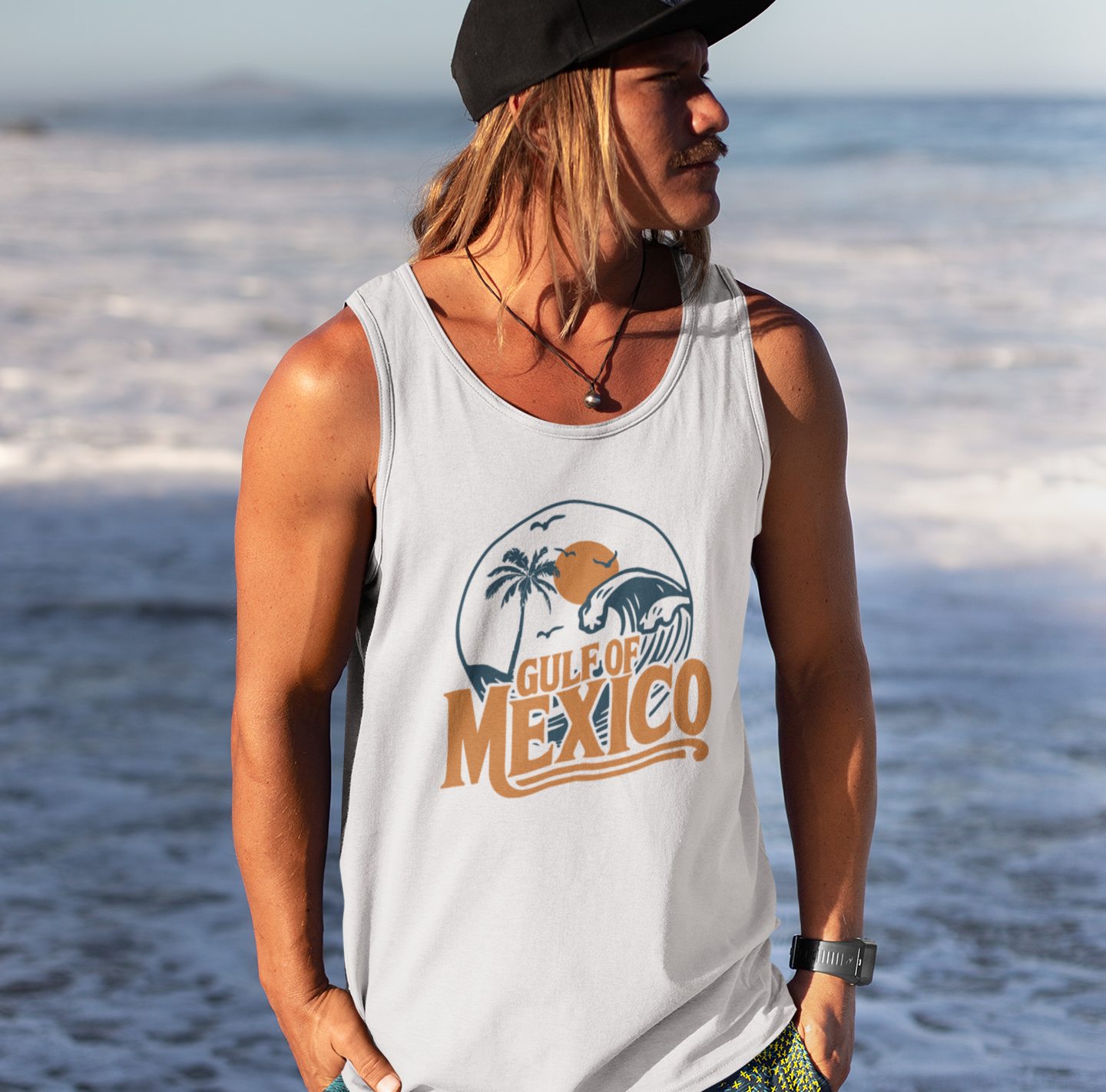 Gulf of Mexico Unisex Jersey Tank Top Retro Vacation Destination Summer Beachwear Apparel Sleeveless Shirt
