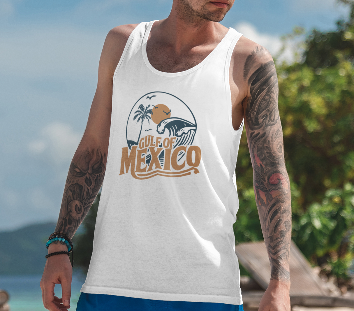 Gulf of Mexico Unisex Jersey Tank Top Retro Vacation Destination Summer Beachwear Apparel Sleeveless Shirt