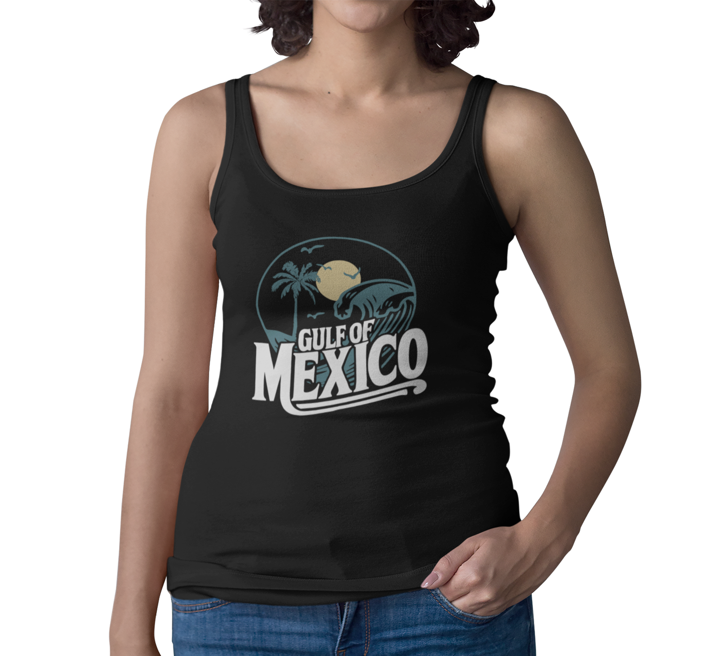 Gulf of Mexico Ladies Racerback Tank Top, Retro Beachwear, Summer Style, Vacation Sleeveless Top, Travel Shirt, Gift for Ocean Lovers