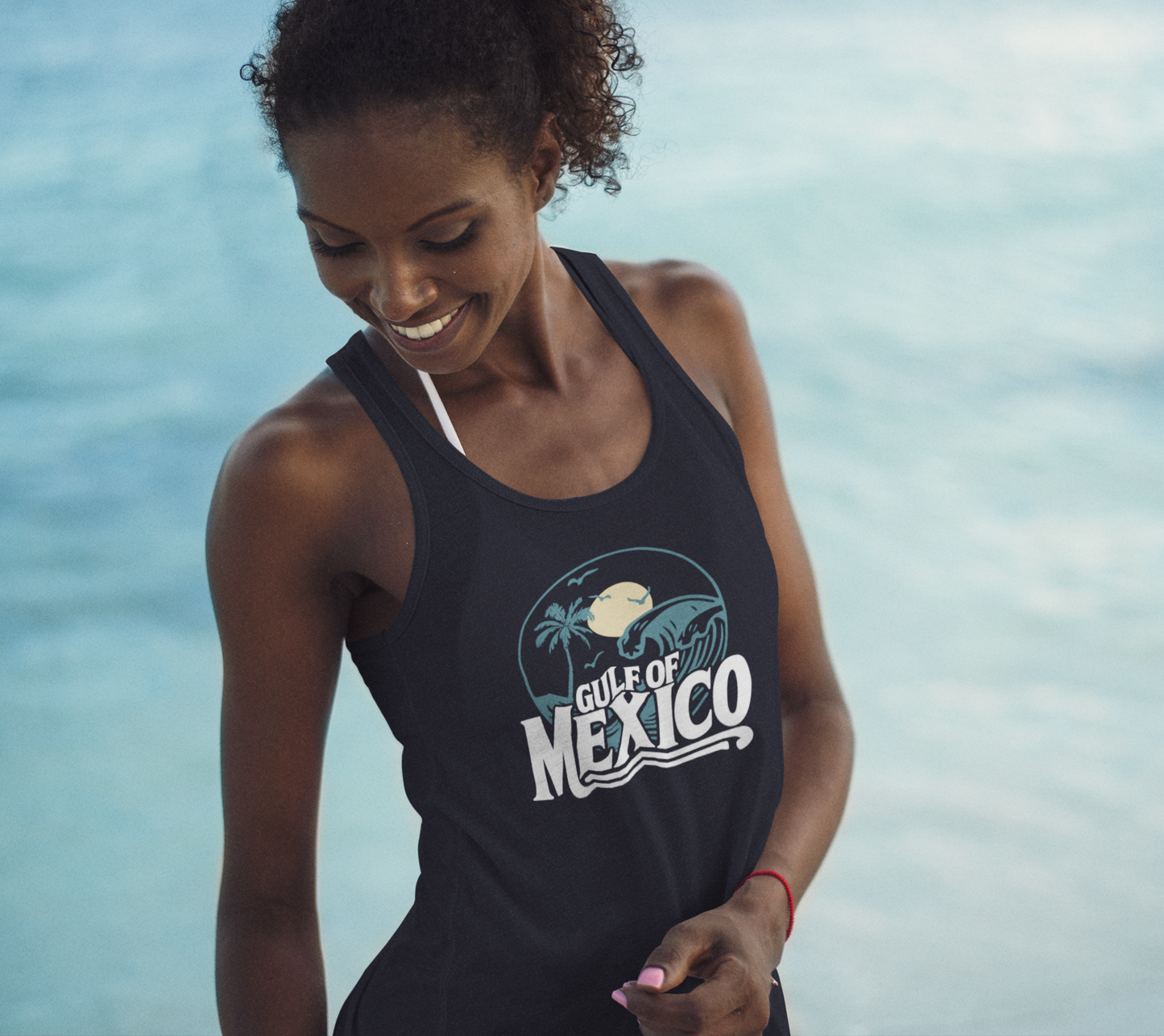 Gulf of Mexico Ladies Racerback Tank Top, Retro Beachwear, Summer Style, Vacation Sleeveless Top, Travel Shirt, Gift for Ocean Lovers