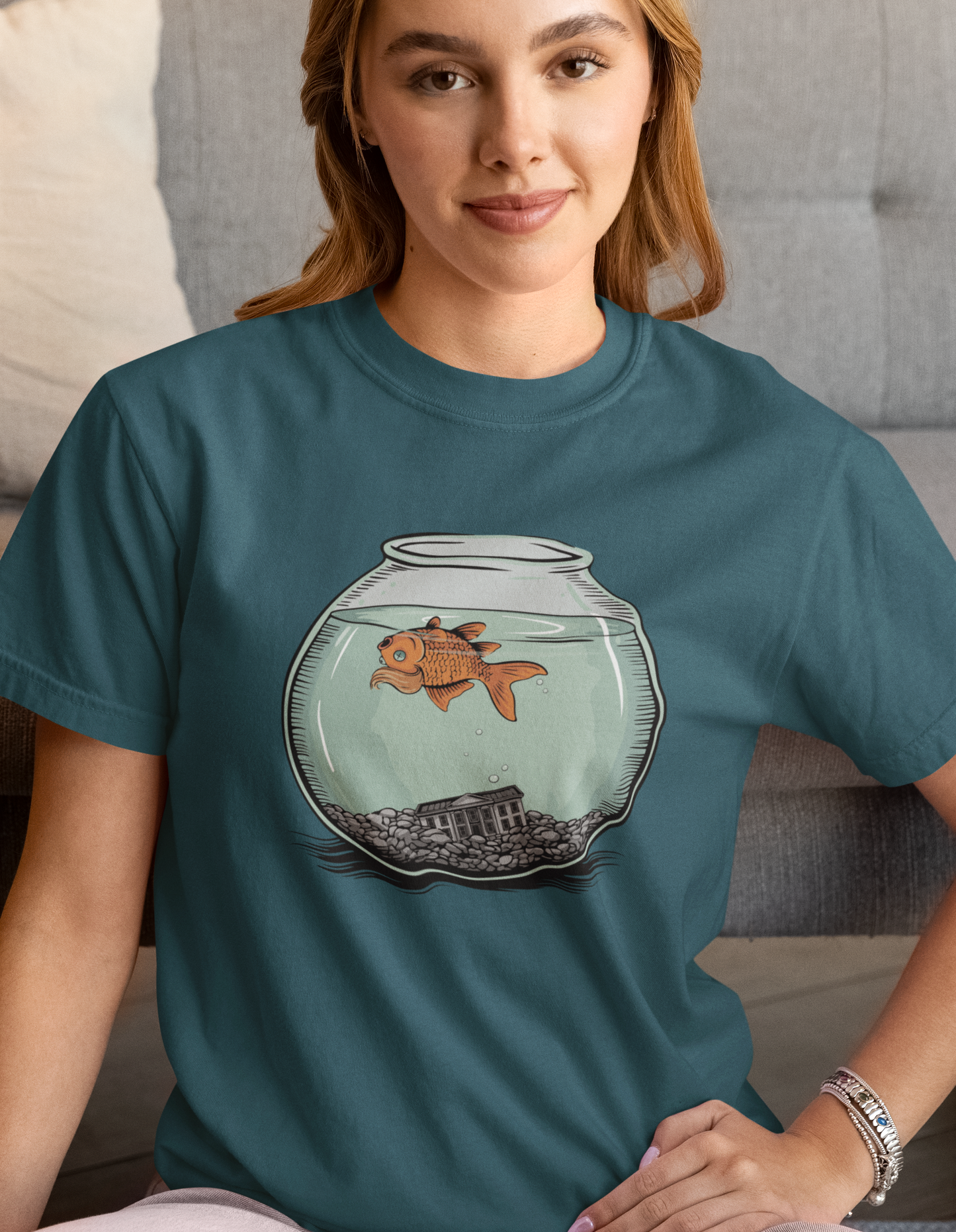 Dead Goldfish In A Fishbowl T-shirt, Funny Politics Tee, Leftist Liberal Political Humor Shirts, Orange Fish Floating in Tank Unisex Top