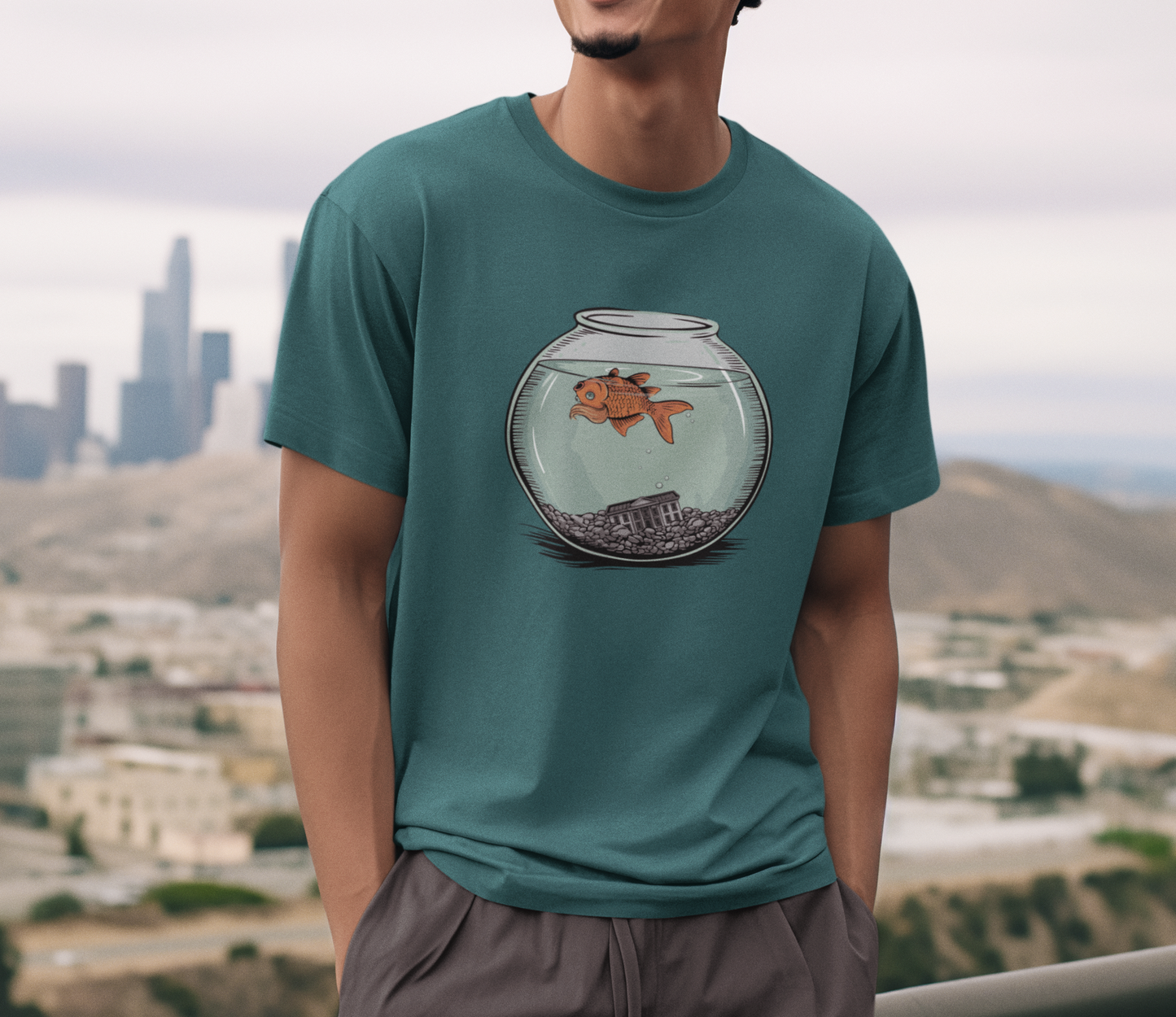 Dead Goldfish In A Fishbowl T-shirt, Funny Politics Tee, Leftist Liberal Political Humor Shirts, Orange Fish Floating in Tank Unisex Top