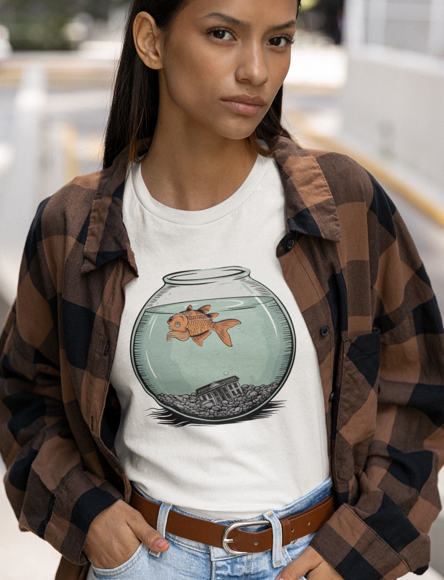 Dead Goldfish In A Fishbowl T-shirt, Funny Politics Tee, Leftist Liberal Political Humor Shirts, Orange Fish Floating in Tank Unisex Top