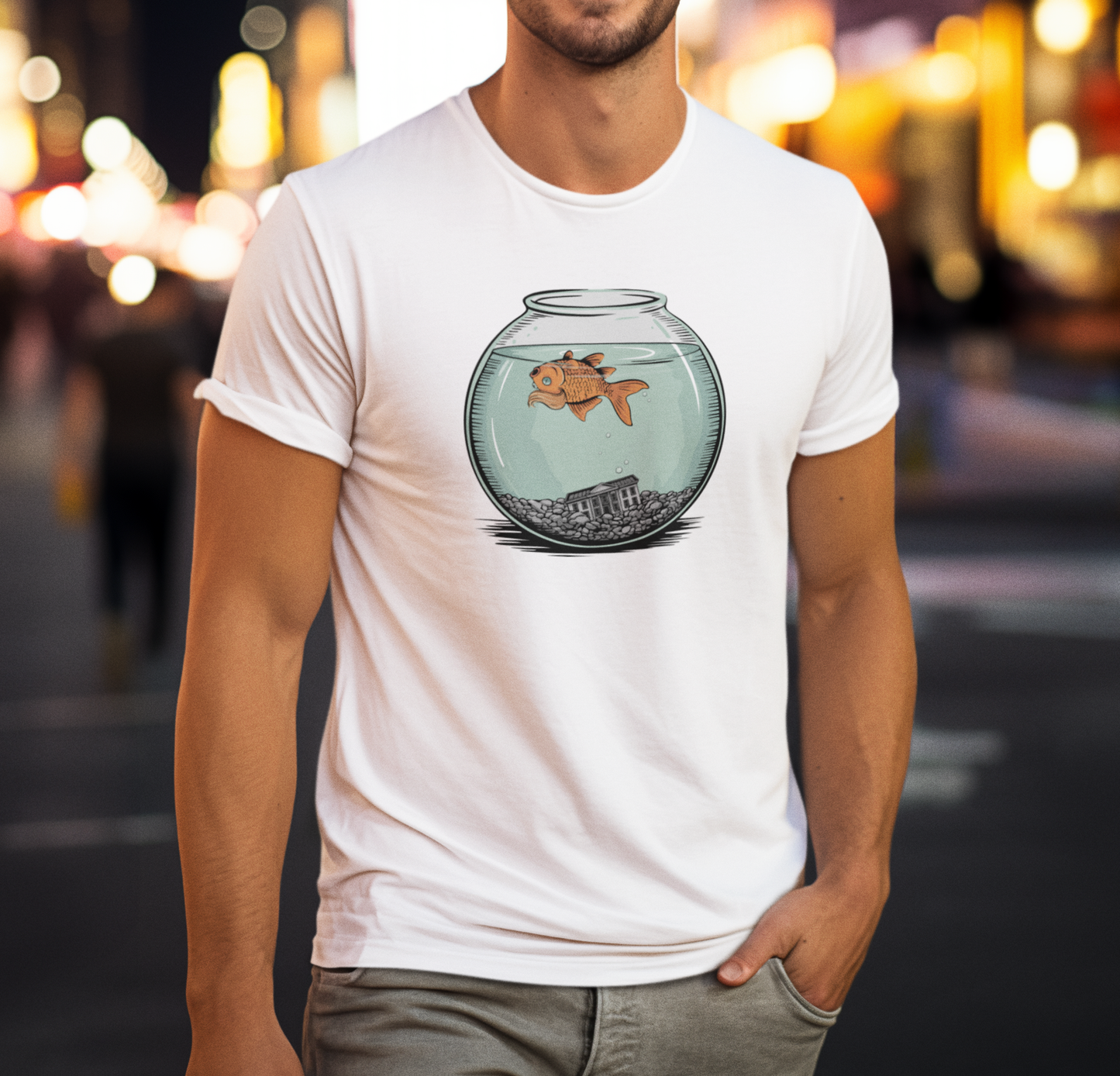 Dead Goldfish In A Fishbowl T-shirt, Funny Politics Tee, Leftist Liberal Political Humor Shirts, Orange Fish Floating in Tank Unisex Top