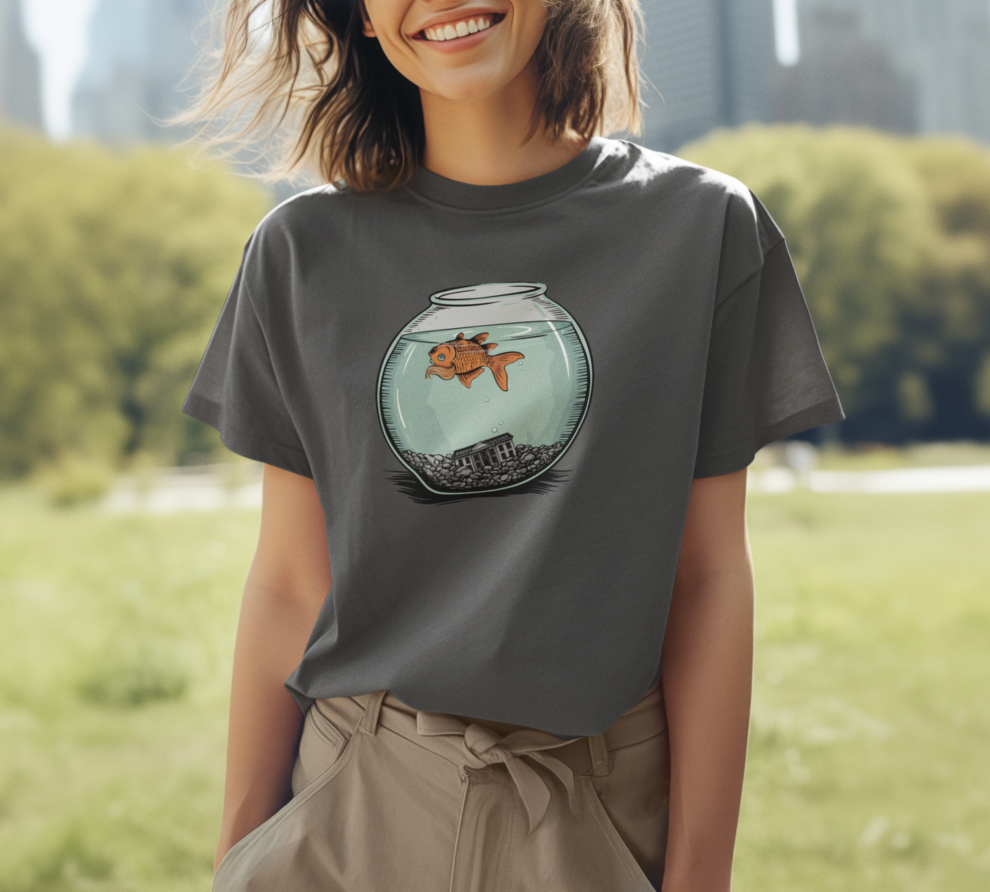 Dead Goldfish In A Fishbowl T-shirt, Funny Politics Tee, Leftist Liberal Political Humor Shirts, Orange Fish Floating in Tank Unisex Top