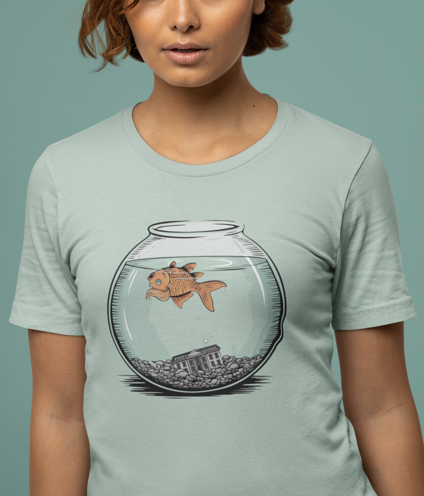Dead Goldfish In A Fishbowl T-shirt, Funny Politics Tee, Leftist Liberal Political Humor Shirts, Orange Fish Floating in Tank Unisex Top