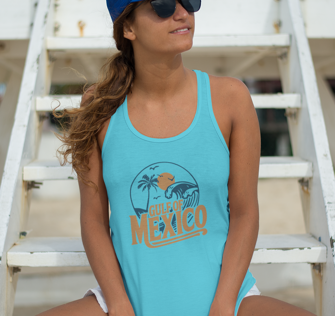Gulf of Mexico Ladies Racerback Tank Top, Retro Beachwear, Summer Style, Vacation Sleeveless Top, Travel Shirt, Gift for Ocean Lovers