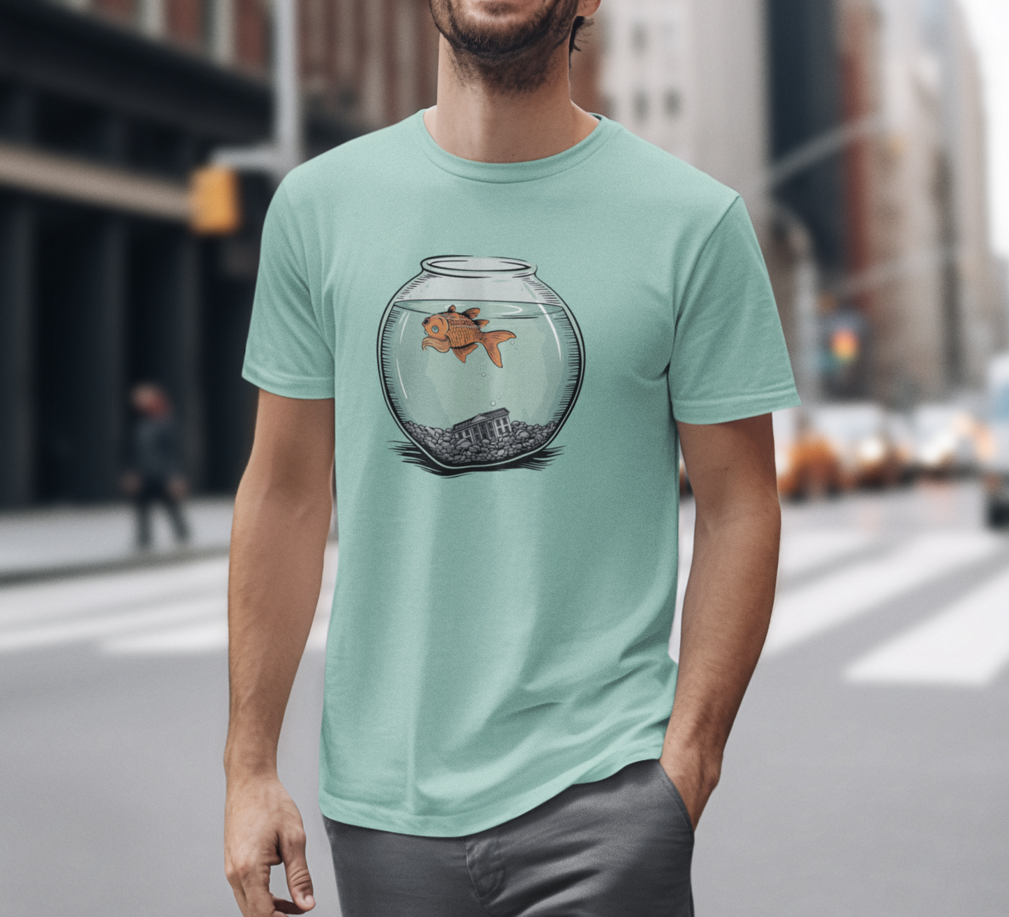 Dead Goldfish In A Fishbowl T-shirt, Funny Politics Tee, Leftist Liberal Political Humor Shirts, Orange Fish Floating in Tank Unisex Top