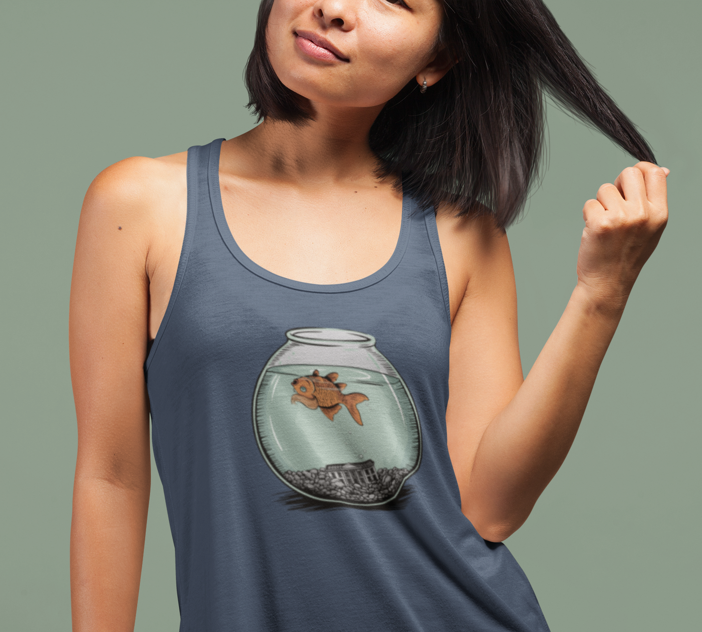 Dead Goldfish In A Fishbowl Tank Top, Funny Politics Women's Tops, Leftist Liberal Political Humor Shirts, Orange Fish Floating
