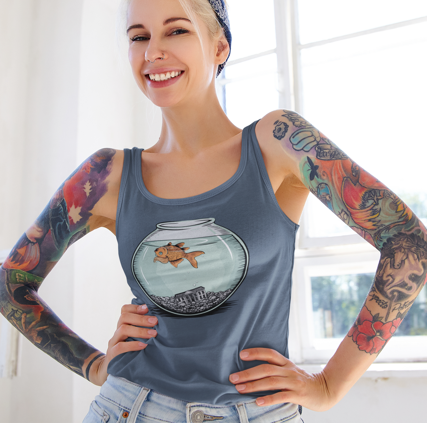 Dead Goldfish In A Fishbowl Tank Top, Funny Politics Women's Tops, Leftist Liberal Political Humor Shirts, Orange Fish Floating