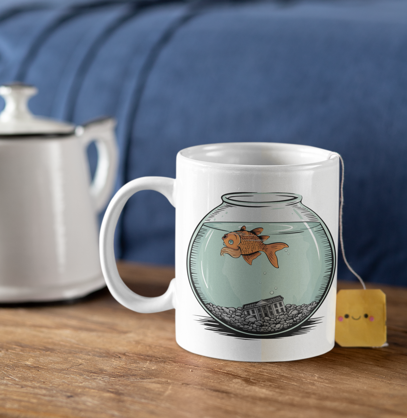 Dead Goldfish In A Fishbowl Coffee Mug - Funny Political Ceramic Mugs, Leftist Liberal Humor, Orange Fish Floating, Gifts Drinkware