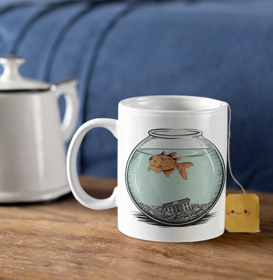 Dead Goldfish In A Fishbowl Coffee Mug - Funny Political Ceramic Mugs, Leftist Liberal Humor, Orange Fish Floating, Gifts Drinkware