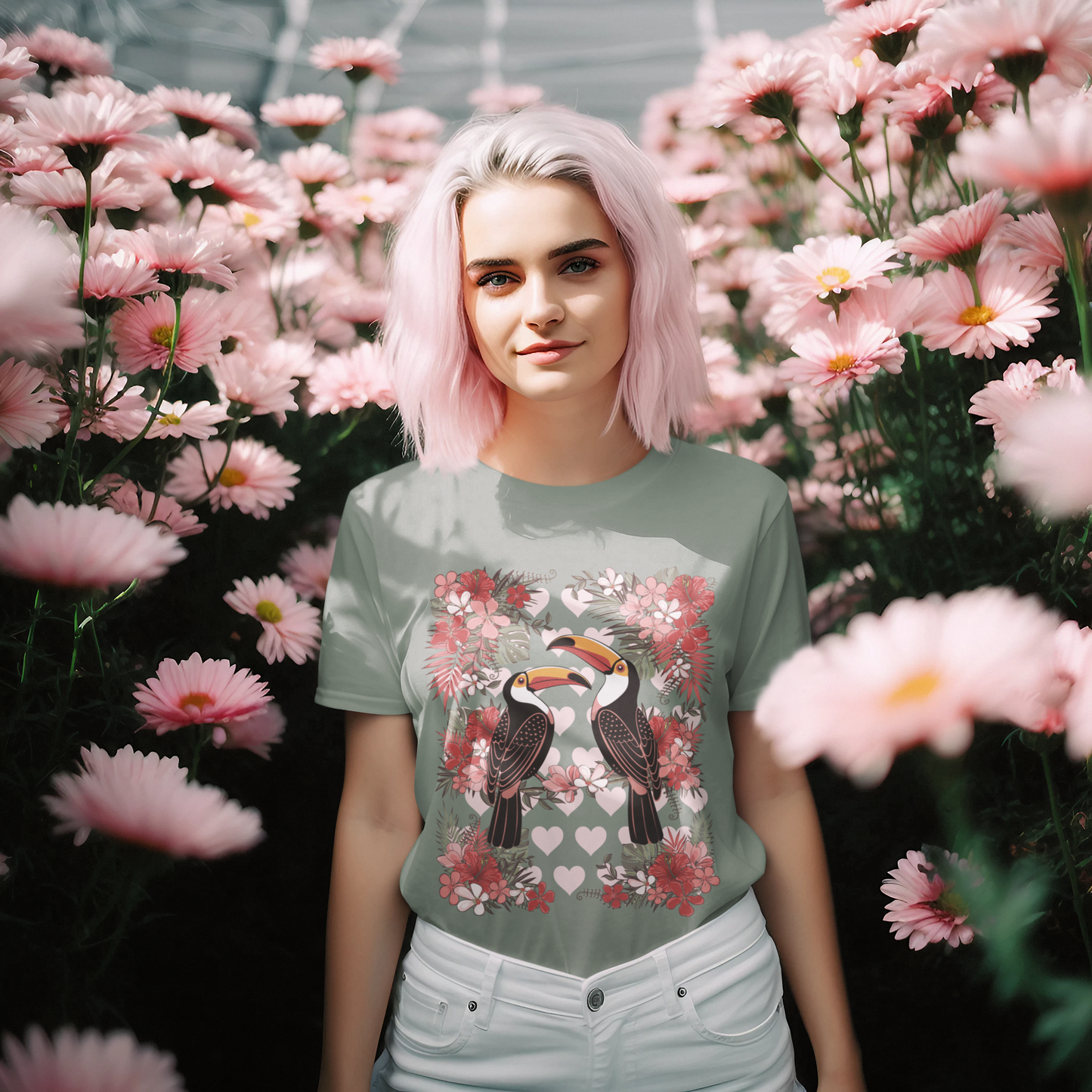 Toucan Tropical Love Birds T-shirt, Casual Summer Shirt, Gift for Bird Lovers, Vacation Wear, Floral Nature Inspired Tee
