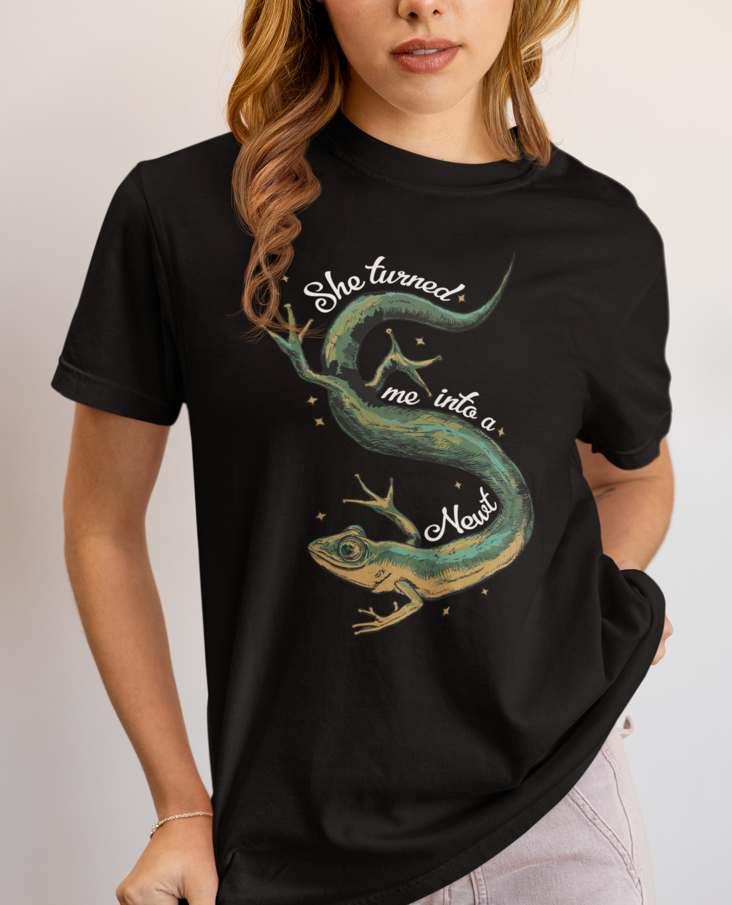 She Turned Me Into A Newt T-shirt Unisex Jersey Short Sleeve Tee Mens Womens Shirt with Newt Design