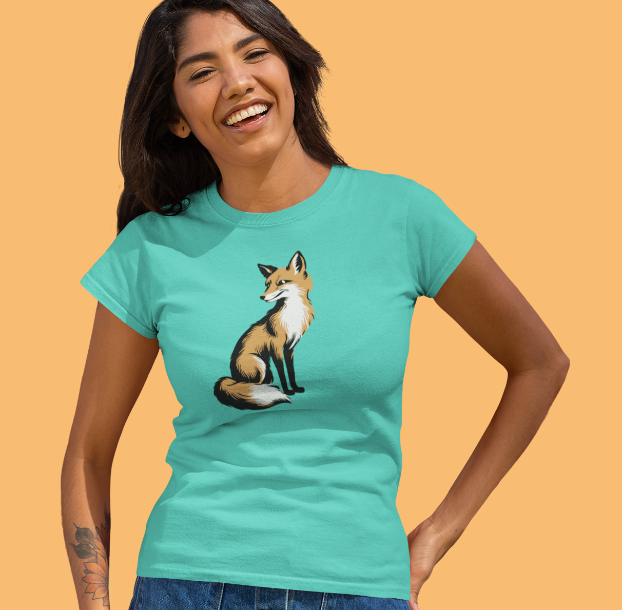 Fox Women's Fitted T-shirt Ladies Graphic Tee with Fox Art Print Forest Animal Shirts