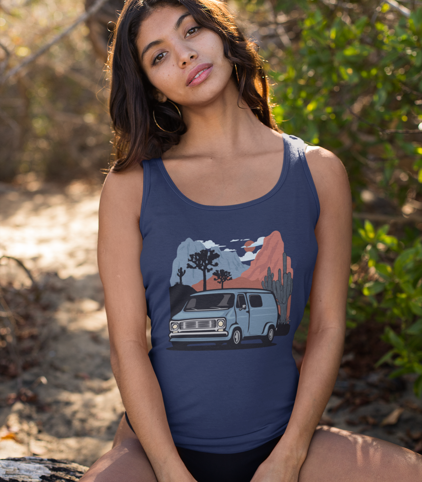 Arizona Desert Vanlife Camper Van Women's Racerback Tank Top - Ladies Sleeveless Shirt Retro Van in Joshua Tree & Cactus Landscape