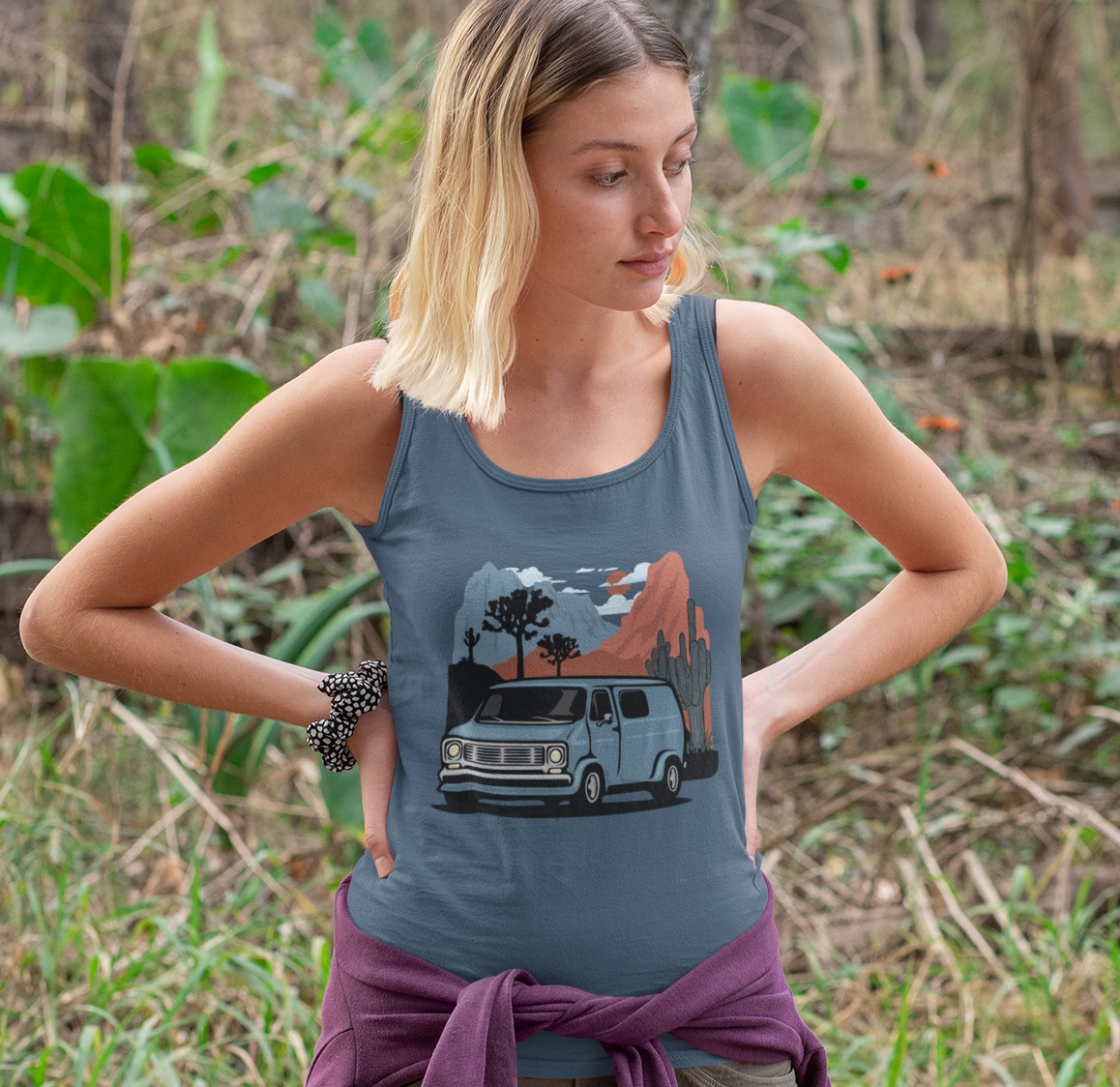 Arizona Desert Vanlife Camper Van Women's Racerback Tank Top - Ladies Sleeveless Shirt Retro Van in Joshua Tree & Cactus Landscape