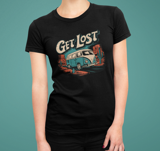Get Lost Vintage Van Women's Fitted T-shirt - Vanlife Utah Arizona Desert Roadtrip Ladies Tee Travel Nomad T-shirts