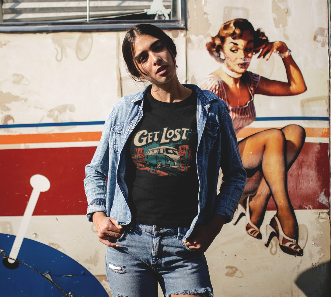 Get Lost Vintage Van Women's Fitted T-shirt - Vanlife Utah Arizona Desert Roadtrip Ladies Tee Travel Nomad T-shirts