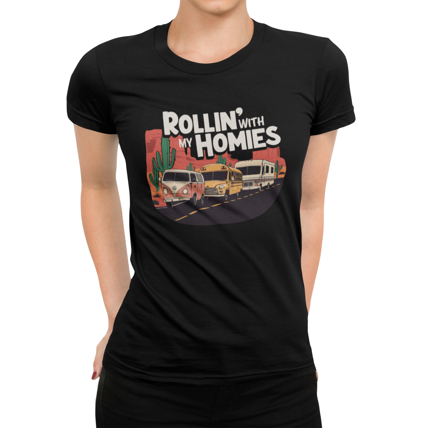 Rollin' With My Homies Van Skoolie RV Vanlife Caravan in the Desert Soft Fitted T-shirt Women's Soft Tee