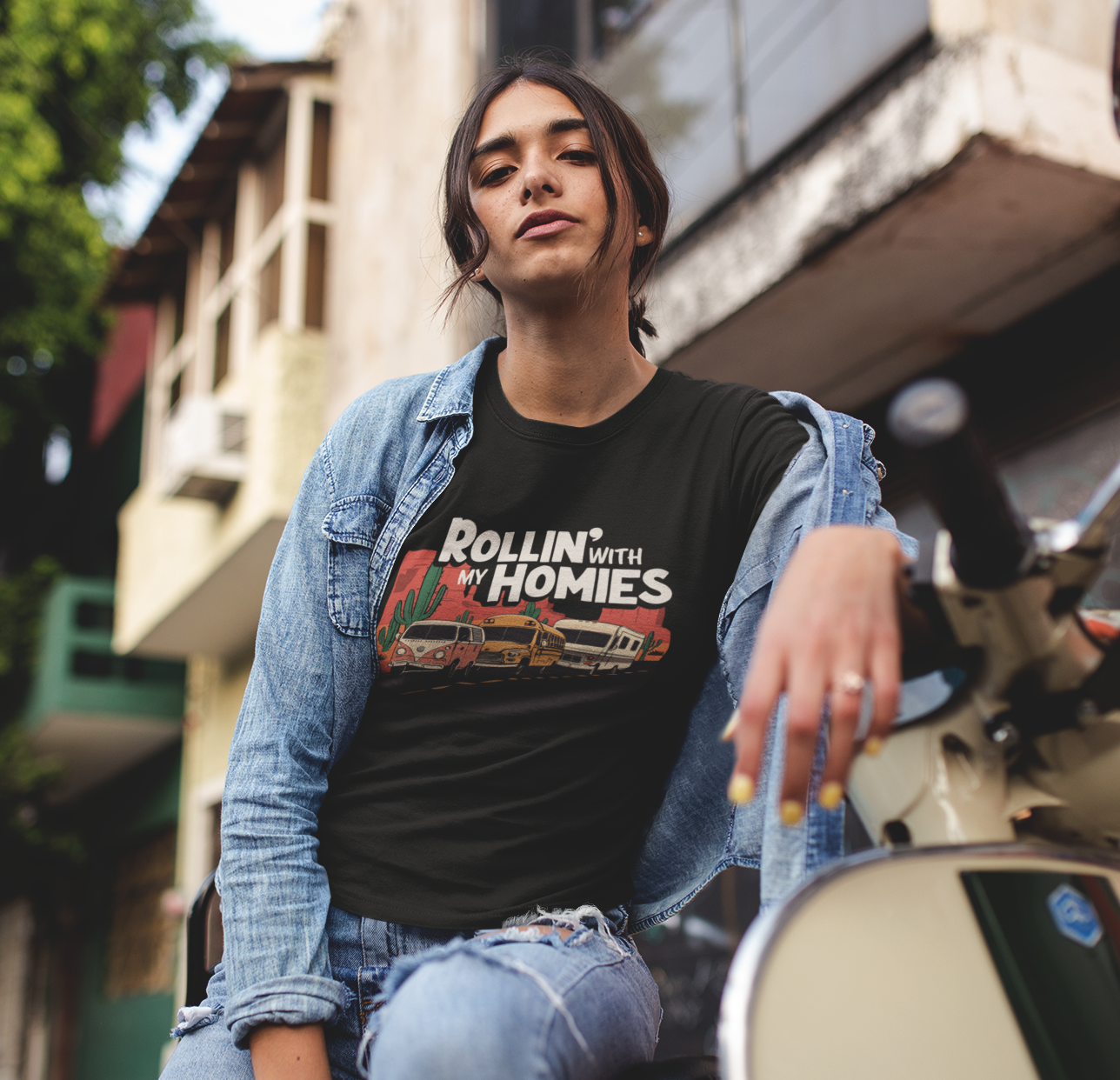 Rollin' With My Homies Van Skoolie RV Vanlife Caravan in the Desert Soft Fitted T-shirt Women's Soft Tee