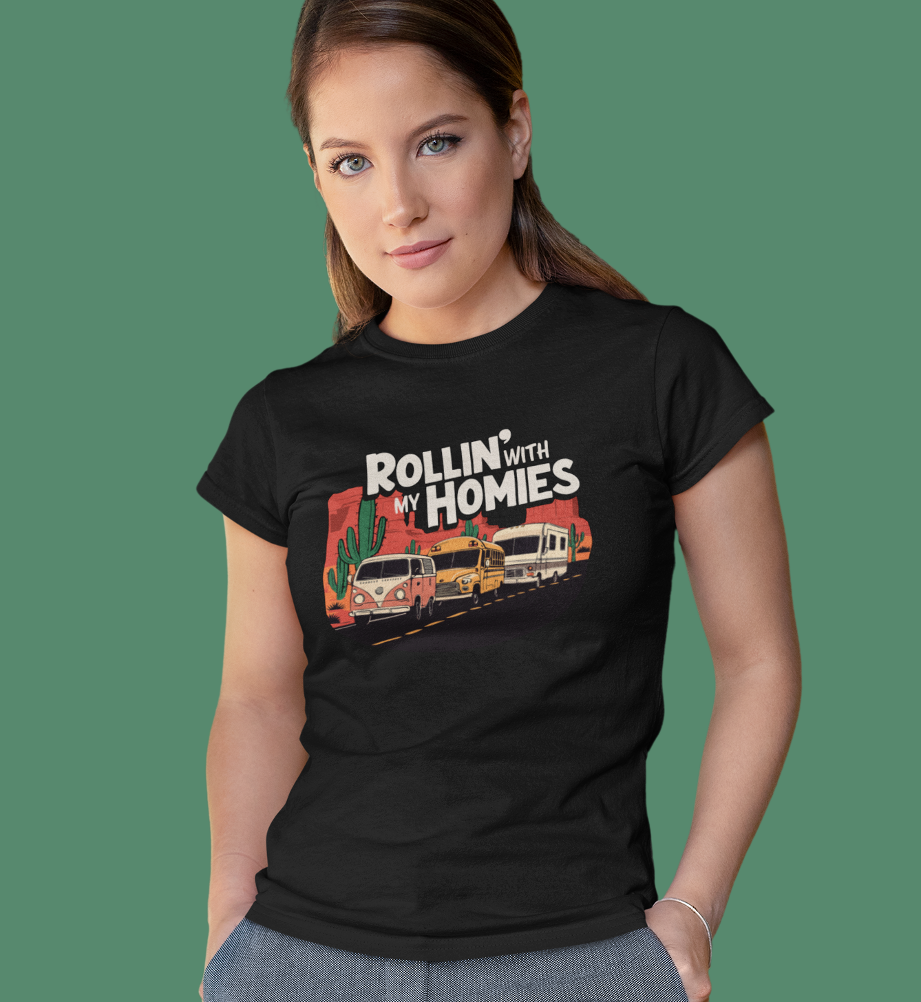 Rollin' With My Homies Van Skoolie RV Vanlife Caravan in the Desert Soft Fitted T-shirt Women's Soft Tee