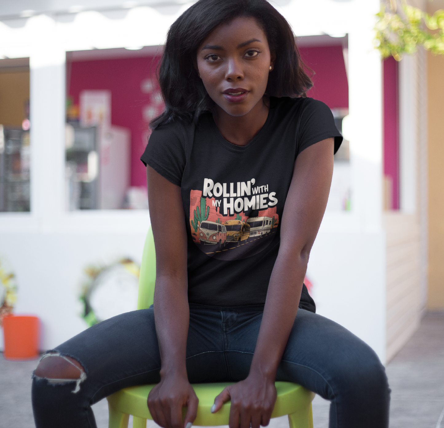 Rollin' With My Homies Van Skoolie RV Vanlife Caravan in the Desert Soft Fitted T-shirt Women's Soft Tee