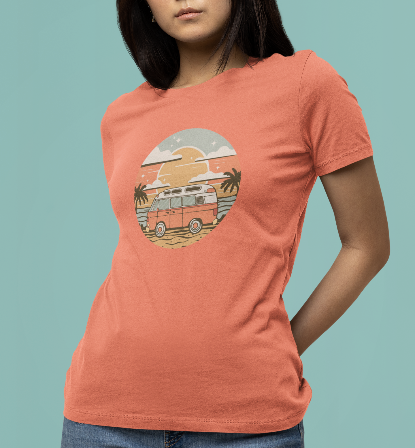 Vintage Van Dreams Nomad Campervan Women's Fitted T-shirt, Retor Vanlife Camping Tee, Coastal Beach California Travel Tees