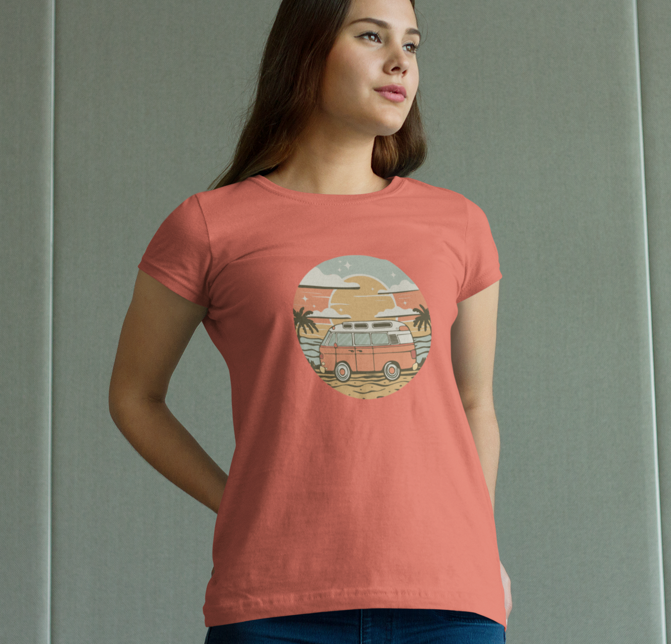 Vintage Van Dreams Nomad Campervan Women's Fitted T-shirt, Retor Vanlife Camping Tee, Coastal Beach California Travel Tees
