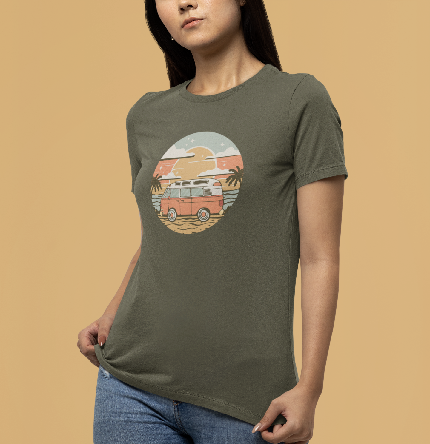 Vintage Van Dreams Nomad Campervan Women's Fitted T-shirt, Retor Vanlife Camping Tee, Coastal Beach California Travel Tees