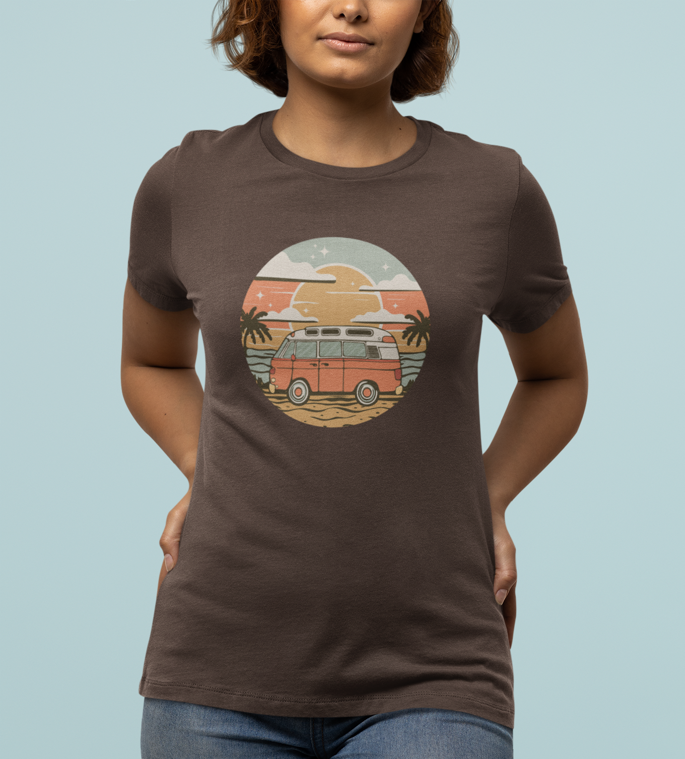 Vintage Van Dreams Nomad Campervan Women's Fitted T-shirt, Retor Vanlife Camping Tee, Coastal Beach California Travel Tees