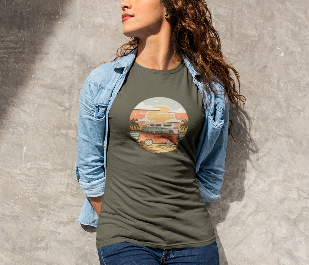 Vintage Van Dreams Nomad Campervan Women's Fitted T-shirt, Retor Vanlife Camping Tee, Coastal Beach California Travel Tees