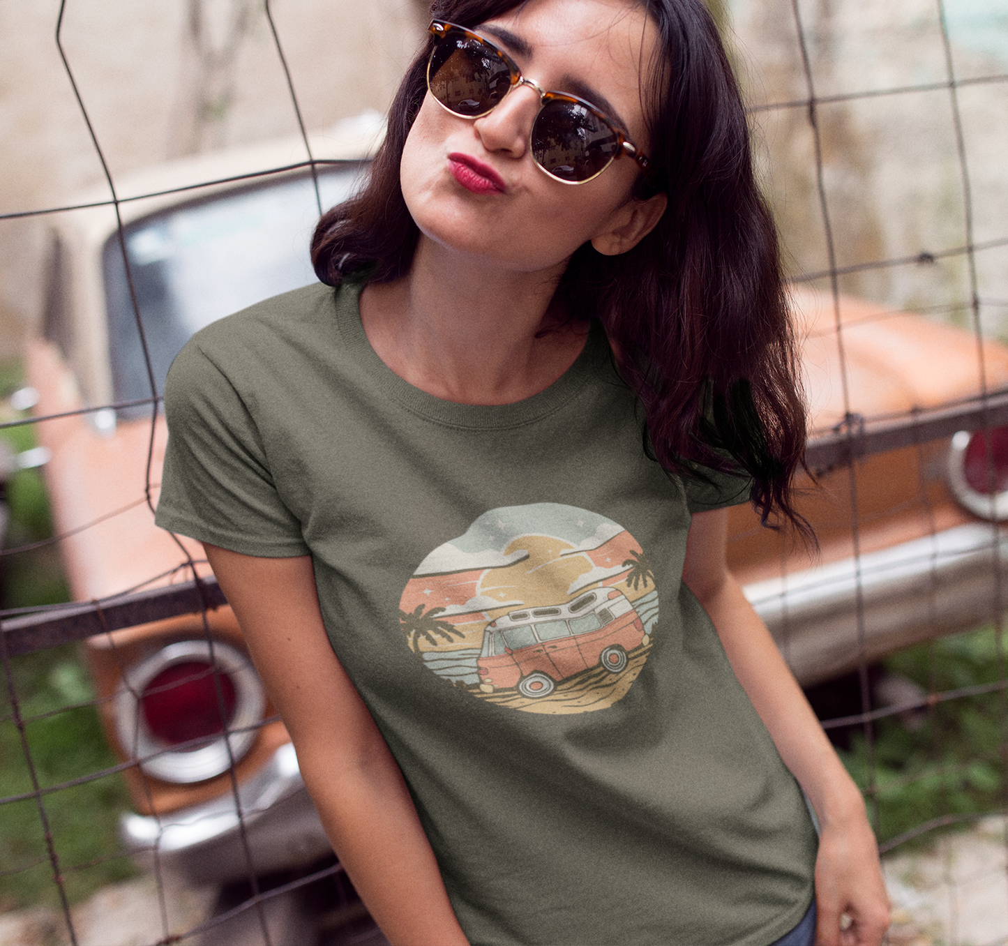 Vintage Van Dreams Nomad Campervan Women's Fitted T-shirt, Retor Vanlife Camping Tee, Coastal Beach California Travel Tees
