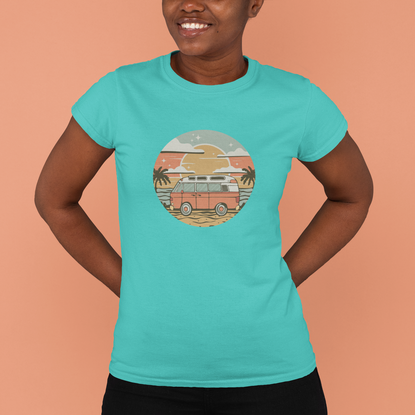 Vintage Van Dreams Nomad Campervan Women's Fitted T-shirt, Retor Vanlife Camping Tee, Coastal Beach California Travel Tees