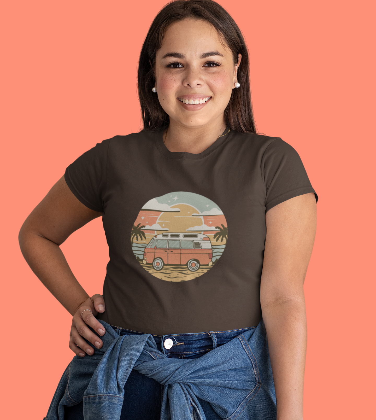 Vintage Van Dreams Nomad Campervan Women's Fitted T-shirt, Retor Vanlife Camping Tee, Coastal Beach California Travel Tees