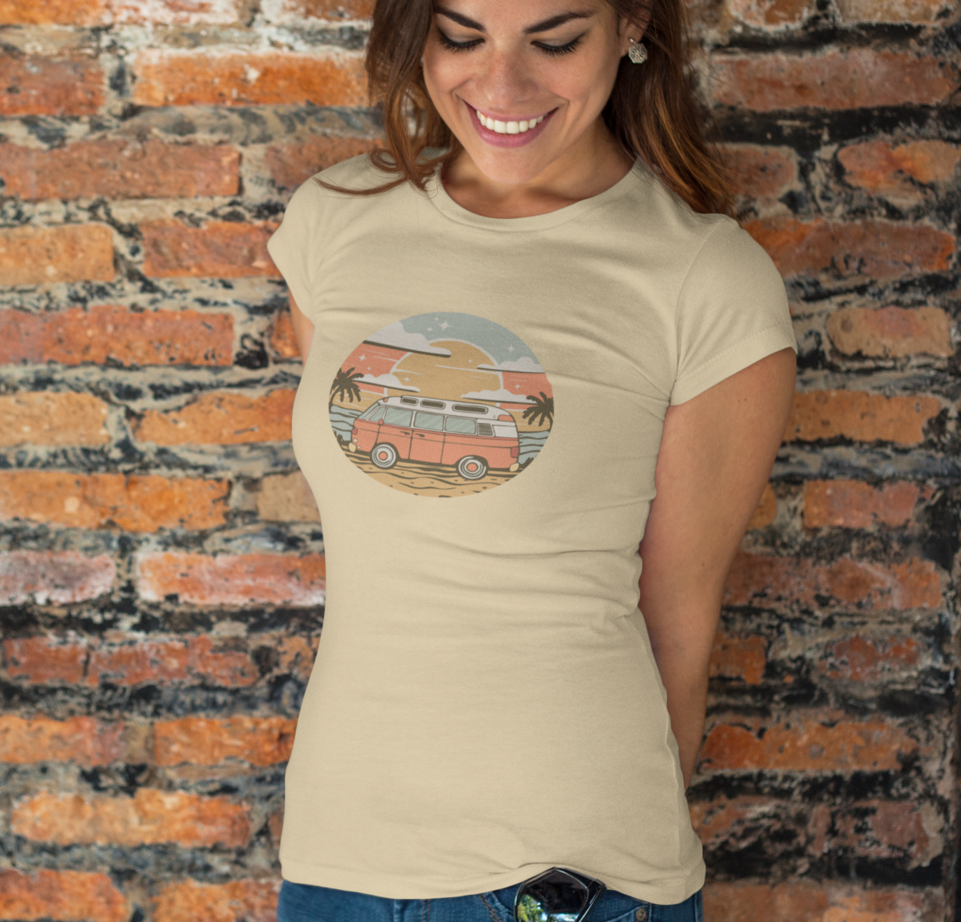 Vintage Van Dreams Nomad Campervan Women's Fitted T-shirt, Retor Vanlife Camping Tee, Coastal Beach California Travel Tees