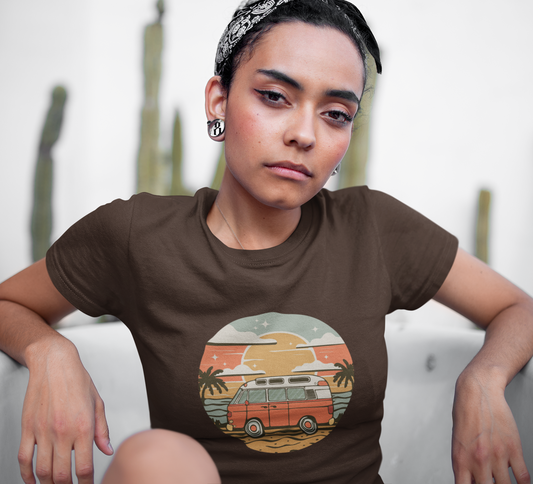 Vintage Van Dreams Nomad Campervan Women's Fitted T-shirt, Retor Vanlife Camping Tee, Coastal Beach California Travel Tees