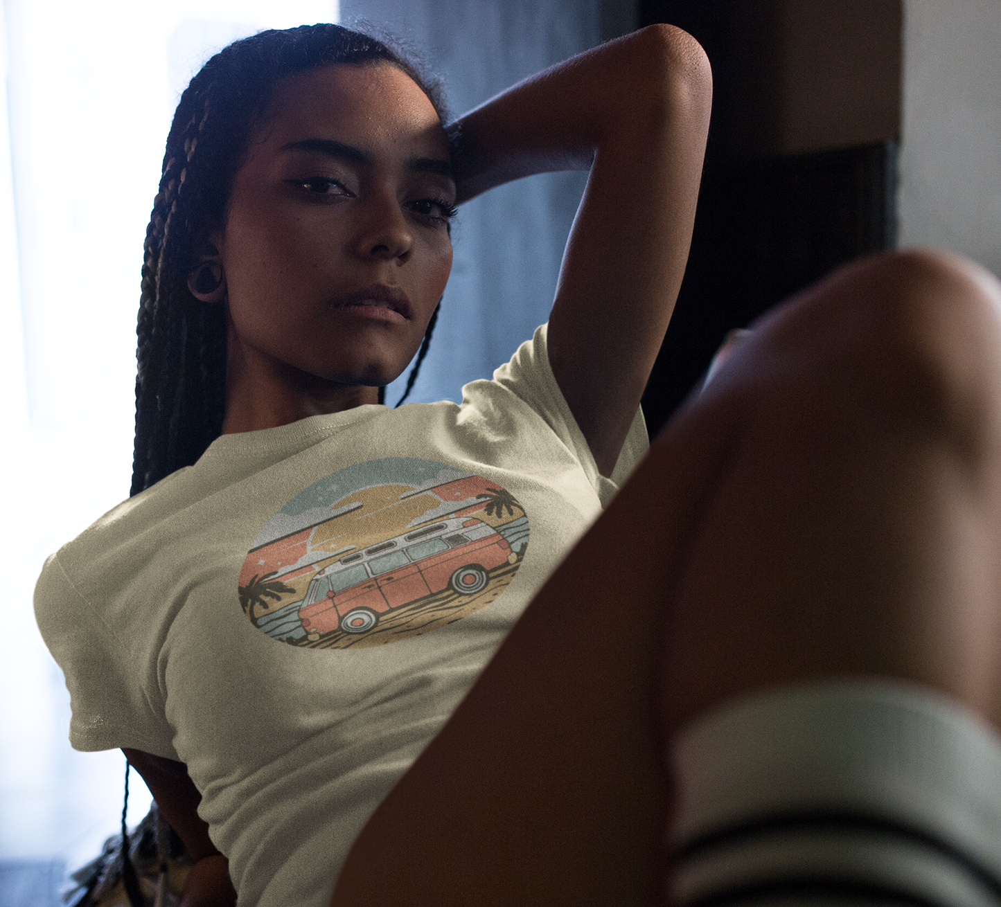 Vintage Van Dreams Nomad Campervan Women's Fitted T-shirt, Retor Vanlife Camping Tee, Coastal Beach California Travel Tees