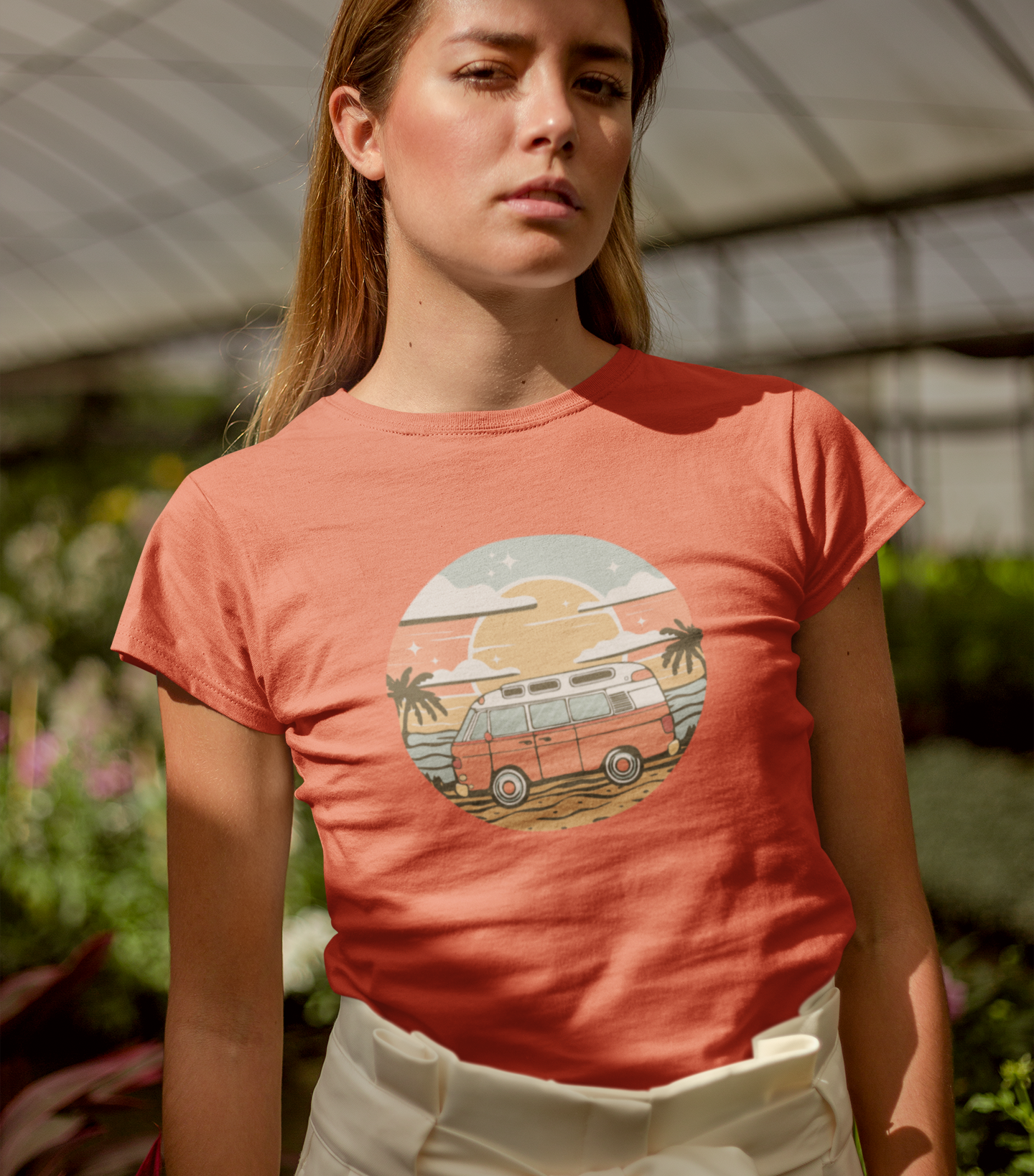 Vintage Van Dreams Nomad Campervan Women's Fitted T-shirt, Retor Vanlife Camping Tee, Coastal Beach California Travel Tees